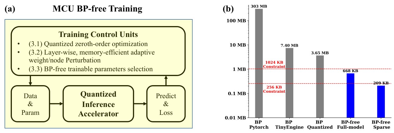 (a) MCU BP-free training framework and (b) training memory comparison