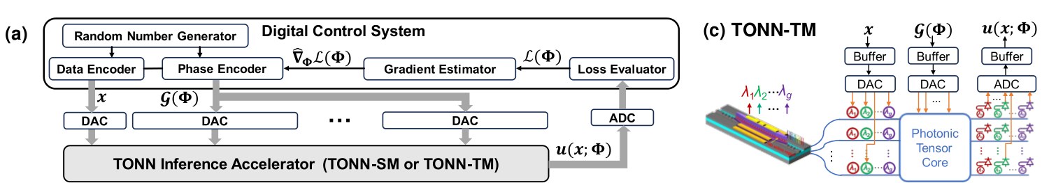 (a) BP-free optical training accelerator and (c) TONN time-multiplexing architecture